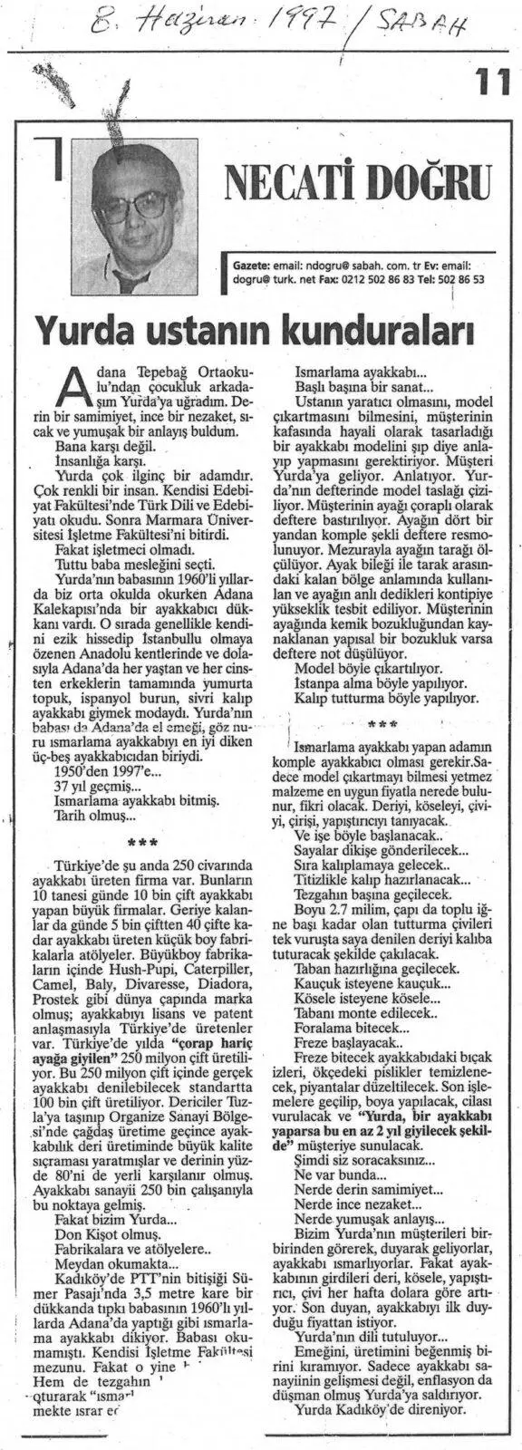 Necati Doğru’nun Köşe Yazısı - 08.06.1997 Sabah Gazetesi